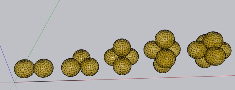 Three-dimensional render of neutron spheres clumping from loose clustering to a compact packed core