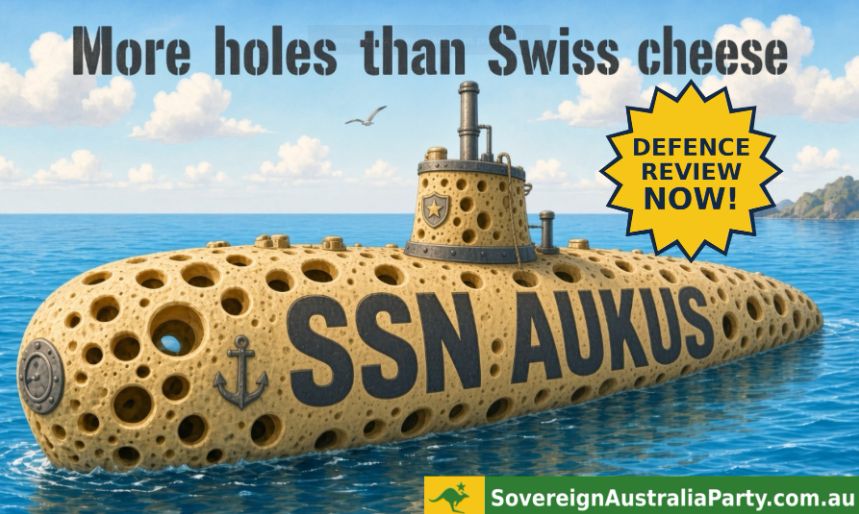 Illustration of a slice of Swiss cheese used as the emblem for the holes in the AUKUS plan.