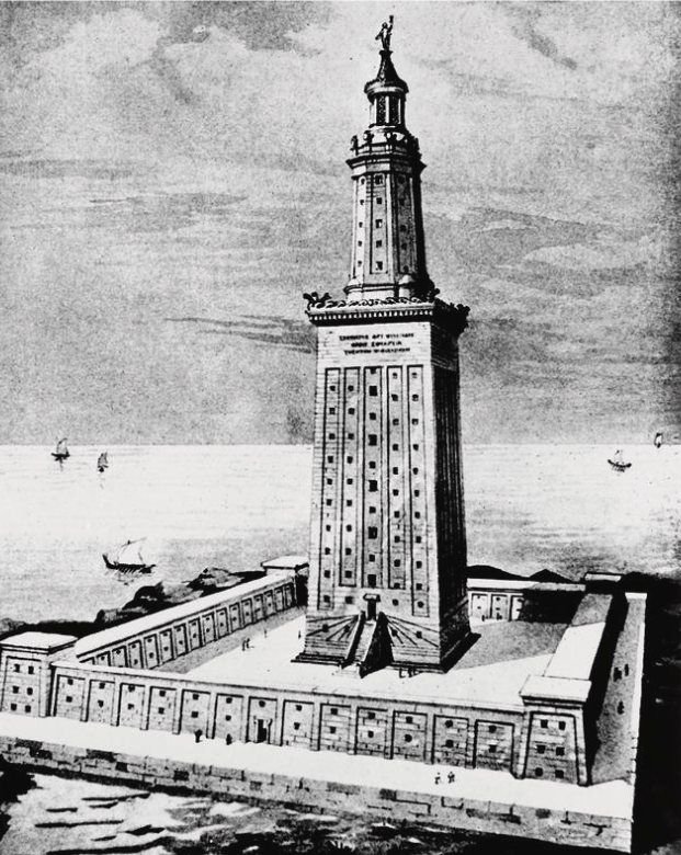 Engraved reconstruction of the Pharos of Alexandria: a tall square tower on a walled courtyard, an octagonal stage above it, then a cylindrical lantern crowned by a statue.