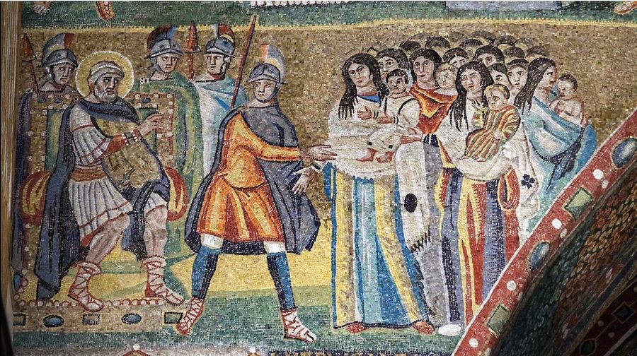 Triumphal arch mosaic: a haloed king seated at left with helmeted soldiers, an officer gesturing toward a group of women holding children.