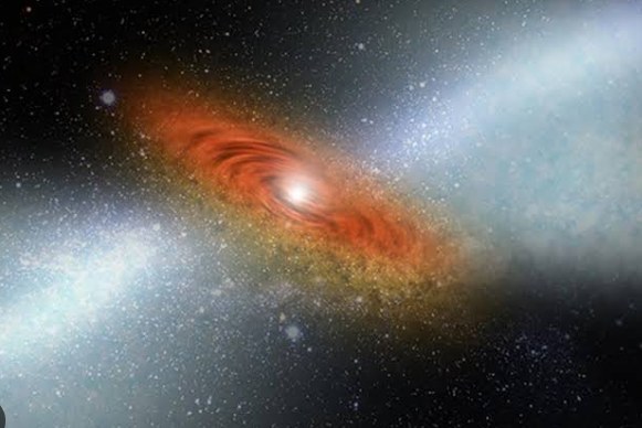 An accretion disk around a black hole with jets emerging from both poles.