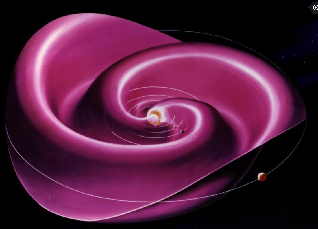 The Sun's magnetic field drawn out into a spiral by its rotation, with the planets' orbits marked.