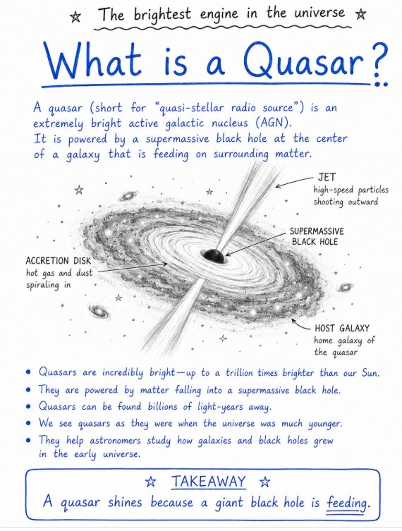 Infographic explaining a quasar: accretion disk, supermassive black hole, and jets.