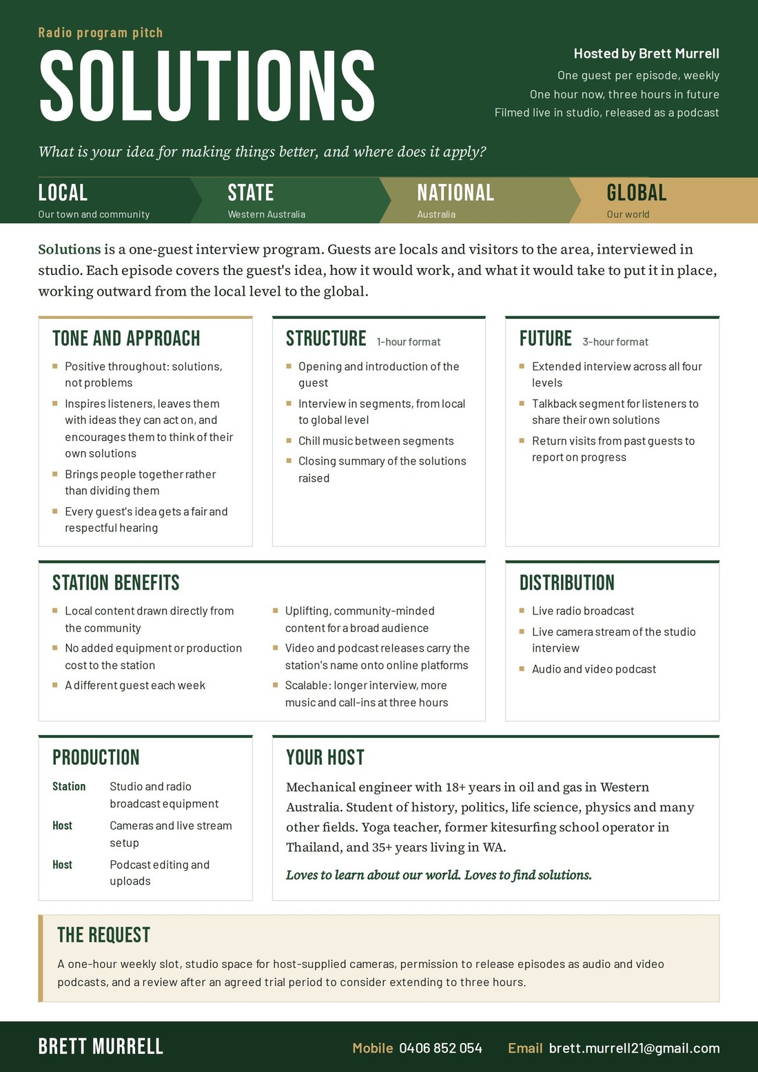 One-page pitch for the Solutions radio program: tone, structure, station benefits, distribution, production and the request.