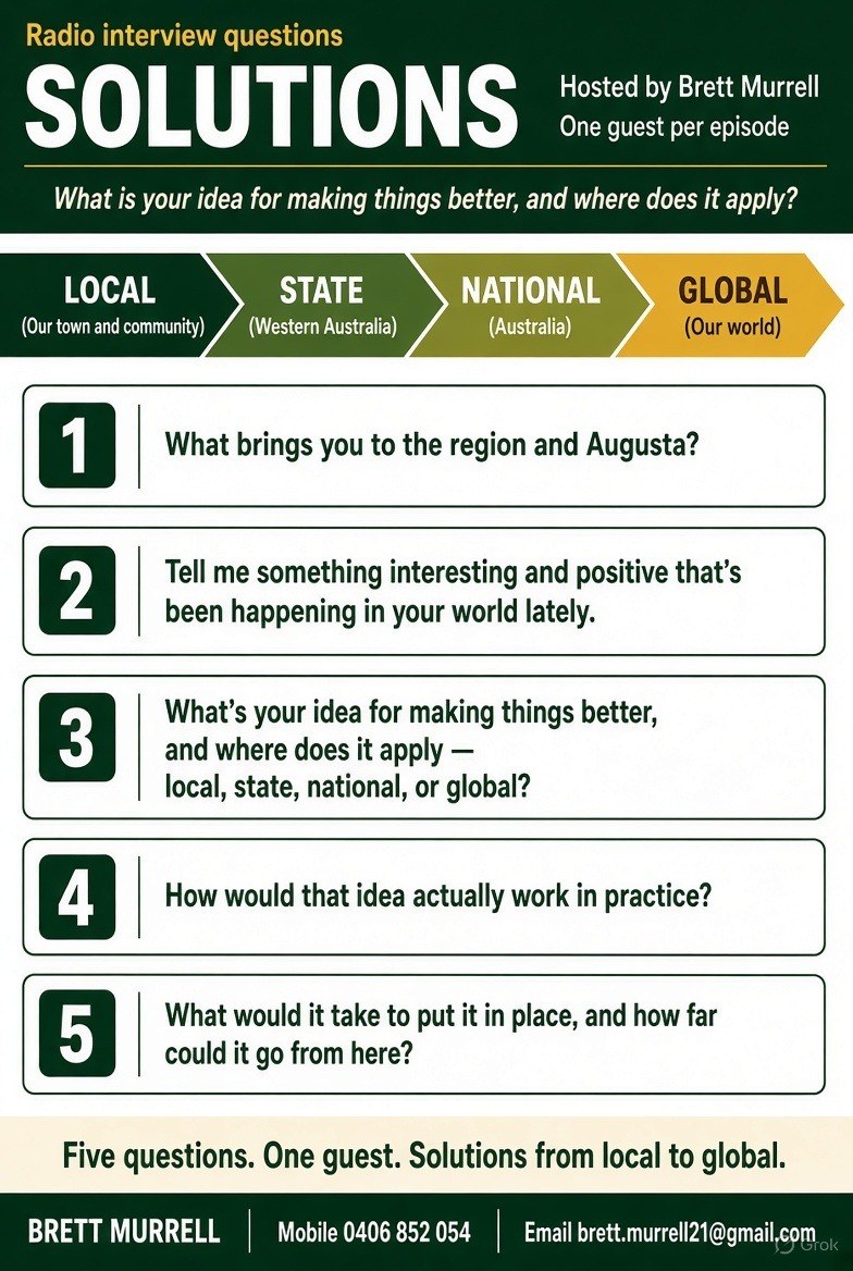 The five interview questions, working outward from local to state, national and global.
