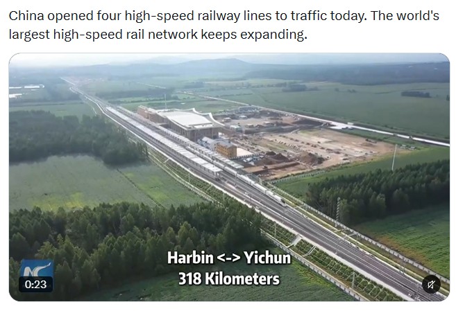 An aerial view of a new high-speed railway line and station running through farmland, captioned Harbin to Yichun, 318 kilometres.