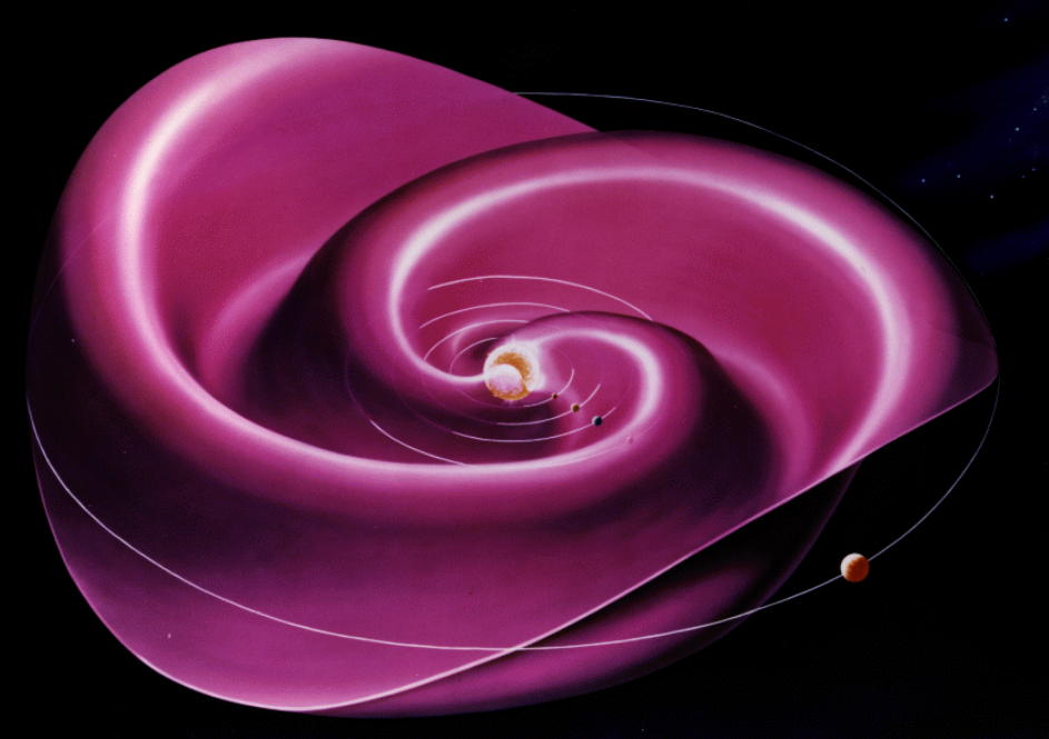 Artist's rendering of the heliospheric current sheet: a warped sheet wound into a spiral around the Sun, with the inner planets shown on their orbits.